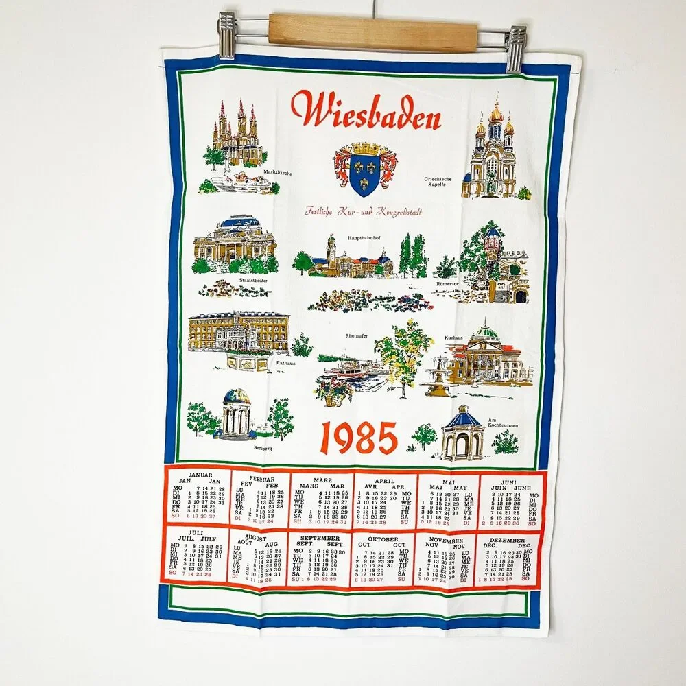 Vintage 1985 Wiesbaden Germany Tea Towel Calendar Souvenir Dish Towel Baumwolle